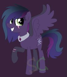 Size: 463x525 | Tagged: safe, artist:somecoconut, oc, oc only, pegasus, pony, base used, choker, eye scar, eyelashes, female, grin, mare, pegasus oc, purple background, raised hoof, scar, simple background, smiling, wings