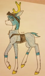 Size: 2278x3809 | Tagged: safe, artist:agdapl, deer, antlers, deerified, female, harness, high res, pyro, rule 63, signature, solo, species swap, tack, traditional art, unshorn fetlocks