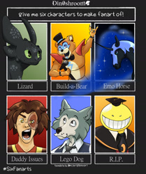 Size: 1280x1528 | Tagged: safe, artist:far-out-dino, nightmare moon, bear, dragon, pony, wolf, anthro, g4, animatronic, anthro with ponies, assassination classroom, avatar the last airbender, beastars, bowtie, bust, clothes, crossover, ethereal mane, eye scar, female, five nights at freddy's, glamrock freddy, graduation cap, hat, helmet, how to train your dragon, korosensei, legosi (beastars), male, mare, microphone, necktie, open mouth, scar, singing, six fanarts, starry mane, toothless the dragon, top hat, zuko