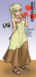 Size: 984x2099 | Tagged: safe, alternate version, artist:oldskullkid, part of a set, applejack, human, g4, beautiful, body freckles, clothes, dress, ear piercing, earring, elegant, freckles, hatless, humanized, jewelry, missing accessory, necklace, piercing, solo