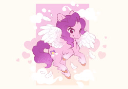 Size: 1000x700 | Tagged: safe, artist:celesse, pipp petals, pegasus, pony, g5, abstract background, cloud, feather, female, flying, heart, mare, solo