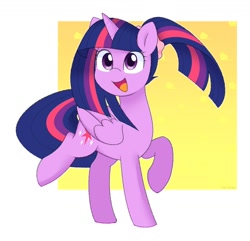 Size: 1200x1158 | Tagged: safe, artist:ch-chau, twilight sparkle, alicorn, pony, alternate hairstyle, cute, female, happy, mare, open mouth, pigtails, ponytail, raised hoof, simple background, smiling, solo, twiabetes, twilight sparkle (alicorn), twintails