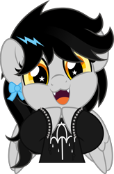 Size: 3286x5000 | Tagged: safe, artist:jhayarr23, oc, oc only, oc:lightning dee, pegasus, pony, .svg available, :3, bow, bring me the horizon, bust, choker, clothes, colored sclera, commission, cute, daaaaaaaaaaaw, fangs, female, folded wings, goody greeting meme, happy, hoodie, hooves together, looking at you, mare, open mouth, simple background, solo, spiked choker, spiked wristband, svg, transparent background, vector, wingding eyes, wings, wristband, ych result