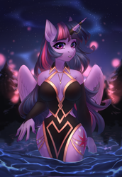 Size: 2000x2900 | Tagged: safe, artist:fenwaru, twilight sparkle, alicorn, anthro, g4, absolute cleavage, both cutie marks, breasts, cleavage, clothes, commission, dress, eyeshadow, female, fingernails, forest, high res, horn, horn jewelry, horn ring, jewelry, long hair, looking at you, makeup, ring, solo, twilight sparkle (alicorn), water, wings, ych result