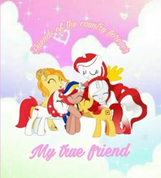 Size: 720x797 | Tagged: safe, artist:mlp_princess_indonisty, oc, oc:indonisty, oc:kwankao, oc:pearl shine, oc:rosa blossomheart, oc:sinar bulan indonesia, oc:temmy, alicorn, earth pony, pegasus, pony, project seaponycon, best friends, cloud, eyes closed, female, flower, flower in hair, group hug, group photo, heart, hug, indonesia, jewelry, malaysia, mare, moon, nation ponies, philippines, ponified, regalia, singapore, smiling, stars, thailand, writing