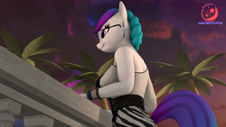 Size: 3840x2160 | Tagged: safe, artist:midnightarts, oc, oc only, oc:aurora starling, anthro, 3d, braid, cutie, ear piercing, earring, female, glasses, high res, jewelry, palm tree, piercing, solo, source filmmaker, sunset, tree, zebra print