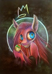 Size: 2670x3768 | Tagged: safe, artist:cahandariella, pinkie pie, earth pony, pony, fanfic:cupcakes, g4, colored pencil drawing, cupcake, food, galaxy, high res, pinkamena diane pie, rainbow cupcake, solo, traditional art