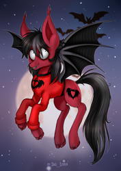 Size: 2387x3379 | Tagged: safe, artist:das_leben, bat, bat pony, pony, bat wings, clandestine industries, clothes, commission, ear fluff, fall out boy, fangs, flying, high res, hoodie, male, moon, night, night sky, pete wentz, ponified, shirt, sky, solo, spread wings, stallion, stars, undershirt, wings, ych result