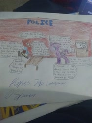 Size: 2448x3264 | Tagged: safe, artist:iloveponies, oc, oc only, alicorn, pegasus, pony, alicorn oc, dialogue, dialogue in the description, high res, horn, job interview, pegasus oc, photo, police, police pony, signature, speech bubble, traditional art, wings