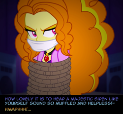 Size: 1300x1200 | Tagged: safe, artist:snakeythingy, edit, adagio dazzle, equestria girls, g4, bondage, bound and gagged, cloth gag, damsel in distress, dialogue, gag, muffled words, photomanipulation, rope, rope bondage, tied up