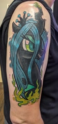 Size: 968x2048 | Tagged: safe, artist:kelleygtattoo, artist:luckyponytattoo, queen chrysalis, changeling, changeling queen, human, pony, g4, female, grin, irl, irl human, lidded eyes, photo, smiling, tattoo