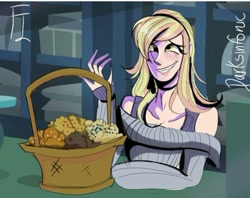 Size: 540x427 | Tagged: safe, artist:darksinfonic, derpy hooves, human, g4, slice of life (episode), basket, clothes, food, humanized, muffin, scene interpretation, solo, sweater