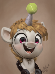 Size: 900x1200 | Tagged: safe, artist:assasinmonkey, oc, oc only, oc:cookie malou, earth pony, pony, unicorn, g5, my little pony: a new generation, ball, bust, cute, digital painting, fake horn, female, happy, hat, headphones, horn, hornball, izzy's tennis ball, mare, ocbetes, open mouth, open smile, party hat, ponysona, signature, simple background, smiling, solo, style emulation, tennis ball, traditional art, uvula