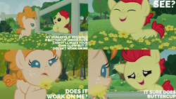 Size: 1280x720 | Tagged: safe, edit, edited screencap, editor:quoterific, screencap, bright mac, pear butter, earth pony, pony, g4, season 7, the perfect pear, baby, baby pony, brightabetes, colt, cute, eyes closed, female, filly, flower, male, open mouth, pearabetes, smiling, younger