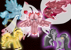 Size: 1092x776 | Tagged: safe, artist:r-e-d-13, alicorn, earth pony, pegasus, pony, unicorn, black background, crossover, homura akemi, incubator (species), kyoko sakura, kyubey, madoka kaname, magical girl, mami tomoe, puella magi madoka magica, sayaka miki, simple background, soul gem, traditional art