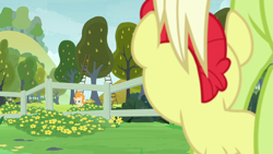 Size: 1280x720 | Tagged: safe, screencap, bright mac, granny smith, pear butter, earth pony, pony, g4, season 7, the perfect pear, baby, baby pony, colt, female, filly, food, male, mare, offscreen character, pear, smiling