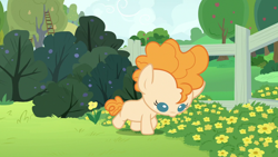 Size: 1280x720 | Tagged: safe, screencap, pear butter, earth pony, pony, g4, season 7, the perfect pear, baby, baby pony, female, filly, flower, solo, tree