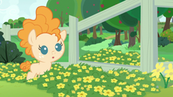 Size: 1280x720 | Tagged: safe, screencap, pear butter, earth pony, pony, g4, season 7, the perfect pear, :o, baby, baby pony, cute, female, fence, filly, flower, open mouth, pearabetes, solo