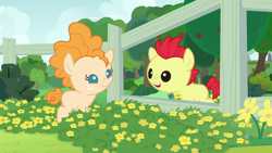 Size: 1280x720 | Tagged: safe, screencap, bright mac, pear butter, earth pony, pony, g4, season 7, the perfect pear, baby, baby pony, brightabetes, colt, cute, female, fence, filly, flower, male, open mouth, pearabetes, smiling