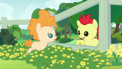 Size: 1280x720 | Tagged: safe, screencap, bright mac, pear butter, earth pony, pony, g4, season 7, the perfect pear, baby, baby pony, brightabetes, colt, cute, female, fence, filly, flower, male, open mouth, pearabetes, smiling