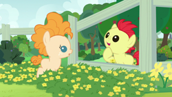 Size: 1280x720 | Tagged: safe, screencap, bright mac, pear butter, earth pony, pony, g4, season 7, the perfect pear, baby, baby pony, brightabetes, colt, cute, female, fence, filly, flower, male, open mouth, pearabetes