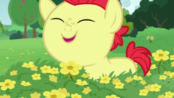 Size: 1280x720 | Tagged: safe, screencap, bright mac, earth pony, pony, g4, season 7, the perfect pear, baby, baby pony, brightabetes, colt, cute, eyes closed, flower, male, open mouth, smiling, solo