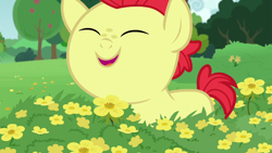 Size: 1280x720 | Tagged: safe, screencap, bright mac, earth pony, pony, g4, my little pony: friendship is magic, season 7, the perfect pear, baby, baby pony, brightabetes, colt, cute, eyes closed, flower, male, open mouth, smiling, solo