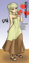 Size: 984x2099 | Tagged: safe, artist:oldskullkid, part of a set, applejack, equestria girls, g4, beautiful, body freckles, clothes, dress, ear piercing, earring, elegant, feet, female, freckles, hatless, jewelry, missing accessory, necklace, open-toed shoes, piercing, sandals, solo, toenails, toes