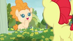 Size: 1280x720 | Tagged: safe, screencap, bright mac, pear butter, earth pony, pony, g4, season 7, the perfect pear, baby, baby pony, colt, cute, female, fence, filly, flower, male, open mouth, pearabetes, smiling, tree