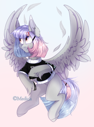Size: 1820x2456 | Tagged: safe, artist:mediasmile666, oc, oc only, pegasus, pony, backlighting, female, flying, freckles, gradient background, hairpin, mare, solo, spread wings, unshorn fetlocks, wings