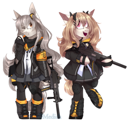 Size: 2906x2764 | Tagged: safe, artist:mediasmile666, oc, oc only, pony, bipedal, duo, girls' frontline, gun, high res, hoof hold, smiling, weapon