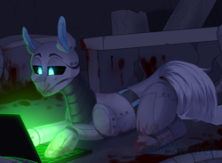 Size: 2570x1885 | Tagged: safe, artist:mediasmile666, oc, oc only, pony, robot, robot pony, blood, computer, laptop computer, solo