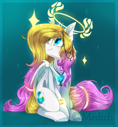 Size: 1024x1097 | Tagged: safe, artist:mediasmile666, oc, oc only, oc:angel light, pegasus, pony, abstract background, female, heterochromia, jewelry, looking up, mare, pendant, sitting, smiling, solo, tail band