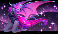 Size: 1280x742 | Tagged: safe, artist:koveliana, oc, oc only, oc:platinum wing, bat pony, anthro, unguligrade anthro, bat pony oc, bat wings, breasts, clothes, commission, digital art, female, hand on hip, kneeling, one-piece swimsuit, pose, solo, spread wings, swimsuit, tail, thighs, wide hips, wings