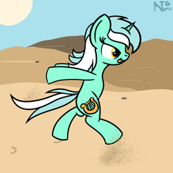 Size: 2000x2000 | Tagged: safe, artist:dafiltafish, lyra heartstrings, pony, unicorn, g4, atg 2021, bipedal, desert, female, high res, mare, naruto run, newbie artist training grounds, solo, this will end in death, tongue out