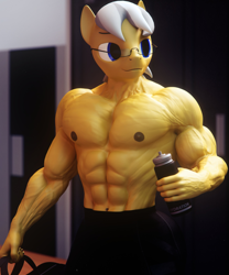 Size: 1707x2048 | Tagged: safe, artist:dashie116, oc, oc only, earth pony, anthro, 3d, abs, anthro oc, biceps, bodybuilder, clothes, daz studio, deltoids, earth pony oc, glasses, gym shorts, locker room, male, male nipples, muscles, nipples, pecs, solo, spectacles, stallion