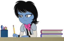 Size: 829x530 | Tagged: safe, artist:muhammad yunus, oc, oc only, oc:siti shafiyyah, equestria girls, g4, base used, bedroom eyes, black hair, blue body, book, bowtie, clothes, female, indonesia, pencil, pink bow, simple background, solo, transparent background, unamused