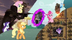 Size: 1920x1080 | Tagged: safe, artist:luckreza8, applejack, fluttershy, pinkie pie, rainbow dash, rarity, twilight sparkle, oc, oc:velvet remedy, gnome, fallout equestria, g4, crossover, factorio, fallout, fallout: new vegas, love and tolerance resource pack, mane six, minecraft