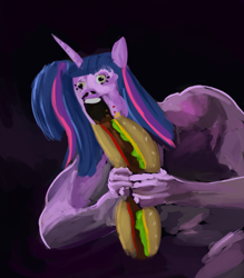 Size: 1661x1896 | Tagged: safe, artist:francisco goya, artist:tjpones, twilight sparkle, anthro, g4, black background, burger, creepy, eating, fine art parody, food, hamburger, saturn devouring his son, scary face, simple background, solo, that pony sure does love burgers, twilight burgkle, wat