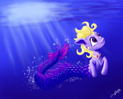 Size: 2738x2190 | Tagged: safe, artist:coco-flame, oc, oc only, hybrid, merpony, sea pony, bubble, crepuscular rays, dorsal fin, fish tail, flowing tail, high res, jewelry, ocean, purple eyes, signature, solo, sunlight, swimming, tail, underwater, water, yellow mane