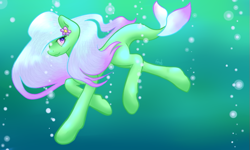 Size: 689x414 | Tagged: safe, artist:angelsight, oc, oc only, merpony, pony, bubble, crepuscular rays, eyelashes, female, fish tail, flower, flower in hair, flowing mane, flowing tail, ocean, pink eyes, pink mane, smiling, solo, sunlight, swimming, tail, underwater, water