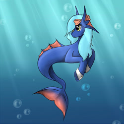 Size: 690x690 | Tagged: safe, artist:heartfeltpony, oc, oc only, hybrid, merpony, seapony (g4), blue background, blue mane, bubble, crepuscular rays, cuffs (clothes), dorsal fin, female, fins, fish tail, flowing tail, mare, ocean, ribbon, simple background, smiling, solo, sunlight, swimming, tail, underwater, water, yellow eyes
