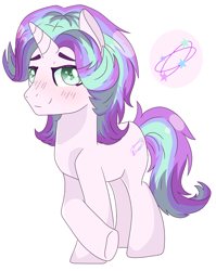 Size: 1606x2014 | Tagged: dead source, safe, artist:cherritoppu, oc, oc only, oc:star struck, pony, unicorn, blushing, horn, magical lesbian spawn, offspring, parent:starlight glimmer, parent:trixie, parents:startrix, raised hoof, simple background, smiling, solo, underhoof, unicorn oc, white background