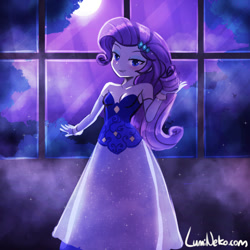 Size: 750x750 | Tagged: safe, artist:lumineko, rarity, equestria girls, g4, clothes, cute, dress, elegant, female, moon, moonlight, night, raribetes, solo, window