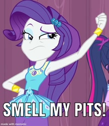 Size: 1043x1200 | Tagged: safe, edit, edited screencap, screencap, rarity, sci-twi, twilight sparkle, equestria girls, g4, my little pony equestria girls: better together, stressed in show, armpit fetish, armpits, arms in the air, caption, cropped, eyeshadow, fetish, geode of shielding, hands in the air, image macro, magical geodes, makeup, mematic, meme, rarity peplum dress, solo focus, text, wristband