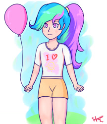 Size: 924x1068 | Tagged: dead source, safe, artist:superiorinfamea, princess celestia, human, g4, abstract background, balloon, clothes, female, humanized, party balloon, shorts, signature, smiling, solo, young celestia, younger