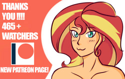 Size: 950x600 | Tagged: dead source, safe, artist:superiorinfamea, sunset shimmer, equestria girls, g4, abstract background, bust, female, milestone, patreon, patreon logo, smiling, solo