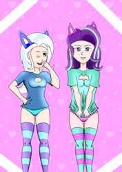 Size: 2050x2900 | Tagged: safe, artist:film77asq, starlight glimmer, trixie, human, g4, clothes, high res, humanized, socks, stockings, striped socks, thigh highs