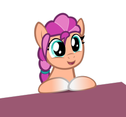 Size: 2100x1950 | Tagged: safe, artist:strategypony, sunny starscout, earth pony, pony, g4, g5, braid, cute, g5 to g4, open mouth, open smile, simple background, smiling, sunnybetes, table, wip