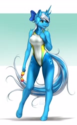 Size: 2547x4096 | Tagged: safe, alternate version, artist:mykegreywolf, oc, oc only, oc:snow sailor, unicorn, anthro, unguligrade anthro, anthro oc, bow, breasts, clothes, eyebrows, eyebrows visible through hair, eyelashes, female, hair bow, high res, horn, one-piece swimsuit, open mouth, open smile, smiling, solo, sports swimsuit, sunglasses, swimsuit, unicorn oc